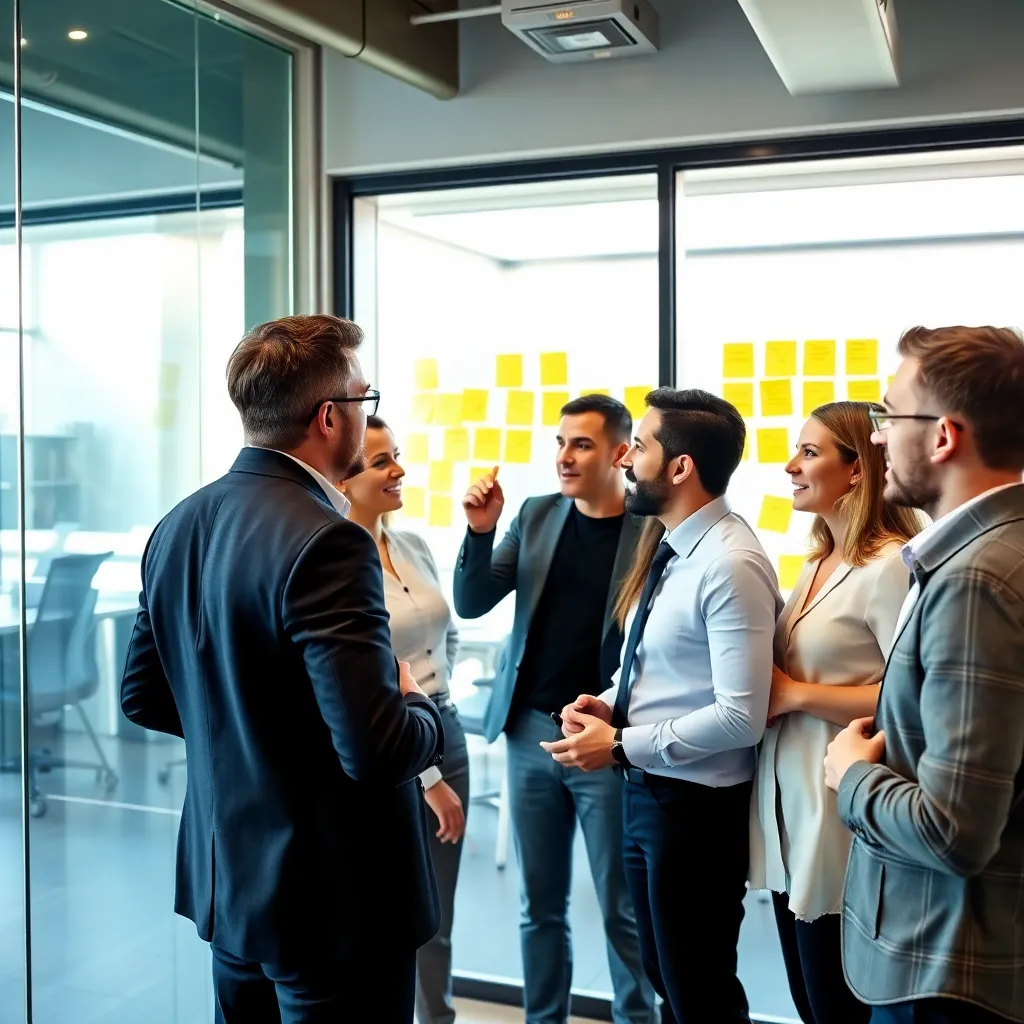 Diverse groep leidinggevenden in een brainstormsessie die samen ideeën ontwikkelen