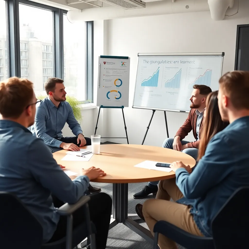 Team bespreekt leerpunten tijdens een retrospective meeting in een modern kantoor