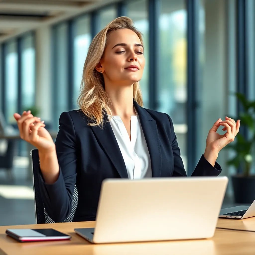 Zakenvrouw die een kort mindfulness moment neemt op kantoor